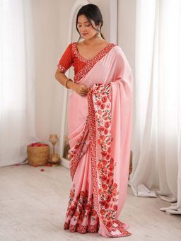 Sareemall - Women's Satin Pink Digital Printed Party Wear Saree with Unstitched Blouse