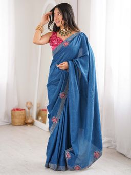 Sareemall - Women's Vichitra Silk Teal Blue Embellished Party Wear Saree with Unstitched Blouse