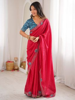 Sareemall - Women's Vichitra Silk Pink Embellished Party Wear Saree with Unstitched Blouse