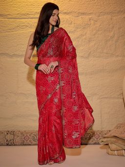 Sareemall - Women's Satin Red Embellished Bandhani Saree with Unstitched Blouse