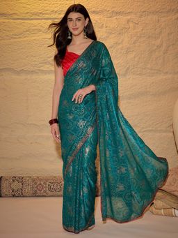 Sareemall - Women's Satin Teal Blue Embellished Bandhani Saree with Unstitched Blouse