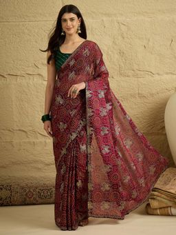 Sareemall - Women's Satin Maroon Embellished Bandhani Saree with Unstitched Blouse