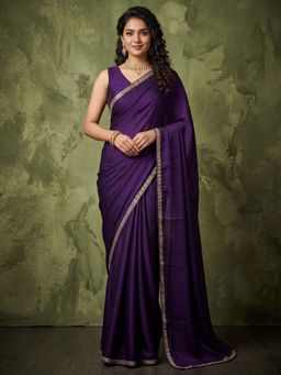 Akhilam - Women's Satin Purple Solid Party Wear Saree with Unstitched Blouse