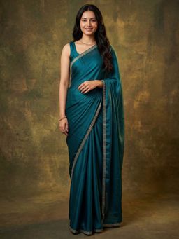 Akhilam - Women's Satin Teal Blue Solid Party Wear Saree with Unstitched Blouse