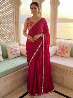 Akhilam - Women's Satin Pink Solid Party Wear Saree with Unstitched Blouse