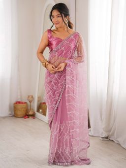 Akhilam - Women's Net Pink Embellished Party Wear Saree with Unstitched Blouse