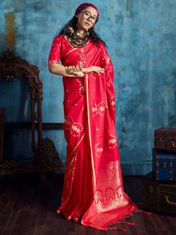 Akhilam - Women's Satin Red Woven Design Banarasi Saree with Unstitched Blouse