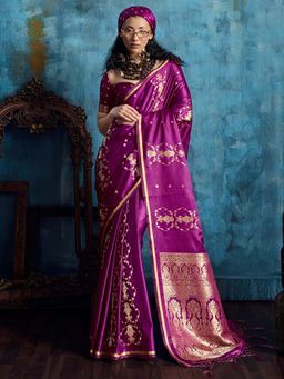 Akhilam - Women's Satin Purple Woven Design Banarasi Saree with Unstitched Blouse