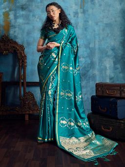 Akhilam - Women's Satin Teal Blue Woven Design Banarasi Saree with Unstitched Blouse