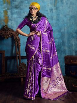 Akhilam - Women's Satin Purple Woven Design Banarasi Saree with Unstitched Blouse