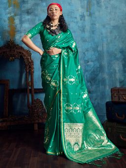 Akhilam - Women's Satin Green Woven Design Banarasi Saree with Unstitched Blouse