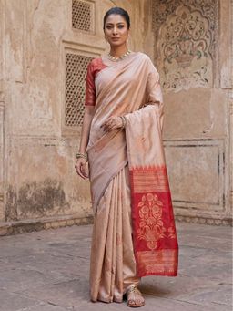 Anjaneya Sarees - Beige Designer Banarasi Silk Kanjivaram Saree with Unstitched Blouse