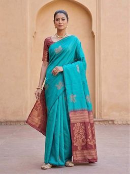 Anjaneya Sarees - Teal Designer Banarasi Silk Kanjivaram Saree with Unstitched Blouse