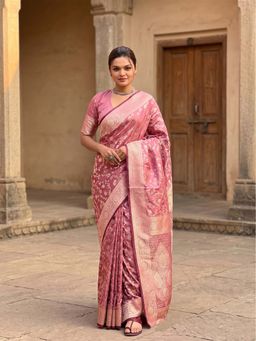Anjaneya Sarees - Peach Designer Banarasi Silk Kanjivaram Saree with Unstitched Blouse