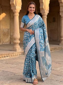 Anjaneya Sarees - Teal Designer Banarasi Silk Kanjivaram Saree with Unstitched Blouse