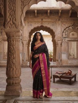 Anjaneya Sarees - Black Designer Banarasi Silk Kanjivaram Saree with Unstitched Blouse