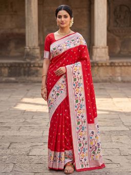 Anjaneya Sarees - Red Designer Banarasi Silk Kanjivaram Saree with Unstitched Blouse