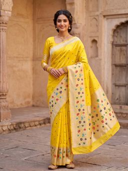 Anjaneya Sarees - Yellow Designer Banarasi Silk Kanjivaram Saree with Unstitched Blouse