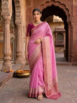 Anjaneya Sarees - Pink Designer Banarasi Silk Kanjivaram Saree with Unstitched Blouse
