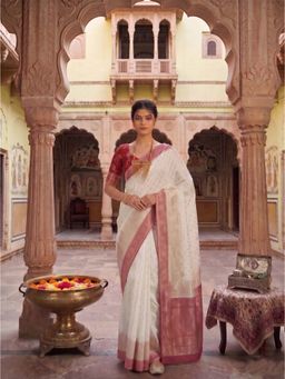 Anjaneya Sarees - White Designer Banarasi Silk Kanjivaram Saree with Unstitched Blouse