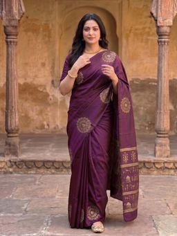 Anjaneya Sarees - Maroon Designer Banarasi Silk Kanjivaram Saree with Unstitched Blouse