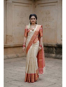Anjaneya Sarees - White Designer Banarasi Silk Kanjivaram Saree with Unstitched Blouse