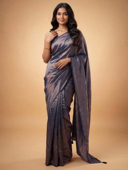 Akhilam - Women's Vichitra Silk Blue Solid Party Wear Saree with Unstitched Blouse