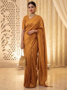 Akhilam - Women's Vichitra Silk Mustard Solid Party Wear Saree with Unstitched Blouse