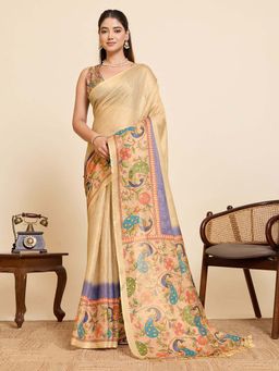 Suha - Women Printed Linen Beige Saree with Unstitched Blouse