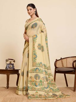 Suha - Women Printed Linen Cream Saree with Unstitched Blouse