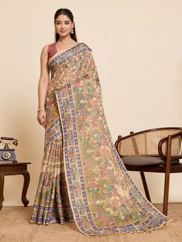 Suha - Women Printed Linen Multi-Color Saree with Unstitched Blouse