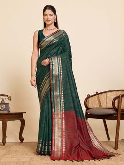 Suha - Women Silk Border Green Saree with Unstitched Blouse