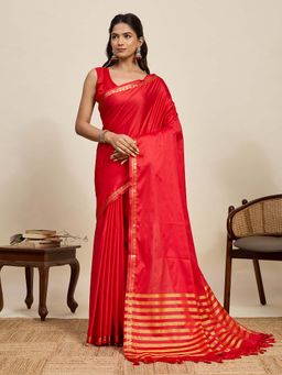 Suha - Women Soft Silk Red Saree with Unstitched Blouse