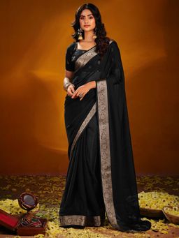 Akhilam - Women's Chiffon Black Woven Design Party Wear Saree with Unstitched Blouse