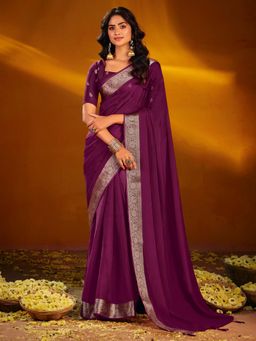 Akhilam - Women's Chiffon Purple Woven Design Party Wear Saree with Unstitched Blouse