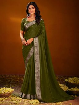 Akhilam - Women's Chiffon Olive Woven Design Party Wear Saree with Unstitched Blouse