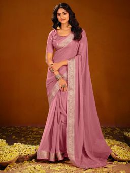 Akhilam - Women's Chiffon Pink Woven Design Party Wear Saree with Unstitched Blouse