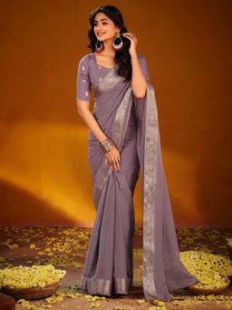 Akhilam - Women's Chiffon Mauve Woven Design Party Wear Saree with Unstitched Blouse