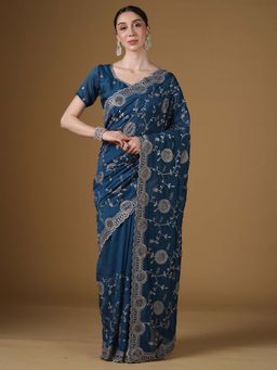 Akhilam - Women's Linen Teal Blue Embroidered Party Wear Saree with Unstitched Blouse
