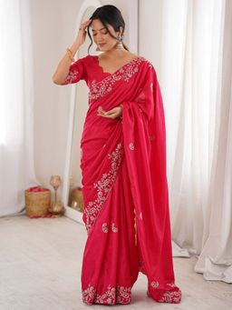 Akhilam - Women's Dola Silk Pink Embellished Party Wear Saree with Unstitched Blouse