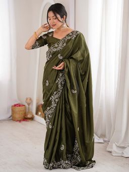 Akhilam - Women's Dola Silk Green Embellished Party Wear Saree with Unstitched Blouse
