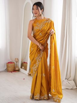 Akhilam - Women's Dola Silk Mustard Embellished Party Wear Saree with Unstitched Blouse