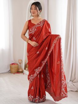 Akhilam - Women's Dola Silk Rust Embellished Party Wear Saree with Unstitched Blouse