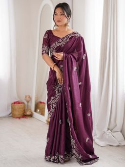 Akhilam - Women's Dola Silk Wine Embellished Party Wear Saree with Unstitched Blouse