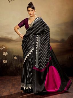 Sareemall - Women's Satin Silk Black Printed Party Wear Saree with Unstitched Blouse