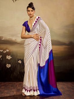 Sareemall - Women's Satin Silk Off White Printed Party Wear Saree with Unstitched Blouse
