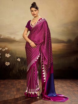Sareemall - Women's Satin Silk Purple Printed Party Wear Saree with Unstitched Blouse