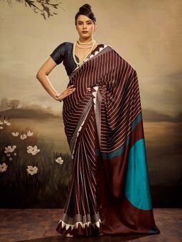 Sareemall - Women's Satin Silk Dark Brown Printed Party Wear Saree with Unstitched Blouse
