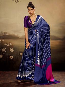 Sareemall - Women's Satin Silk Navy Blue Printed Party Wear Saree with Unstitched Blouse