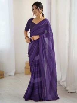 Akhilam - Women's Georgette Purple Printed Party Wear Saree with Unstitched Blouse